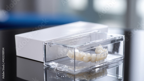clear storage case holds dental retainer, showcasing its transparent design and intricate details. image conveys sense of cleanliness and organization, ideal for dental care