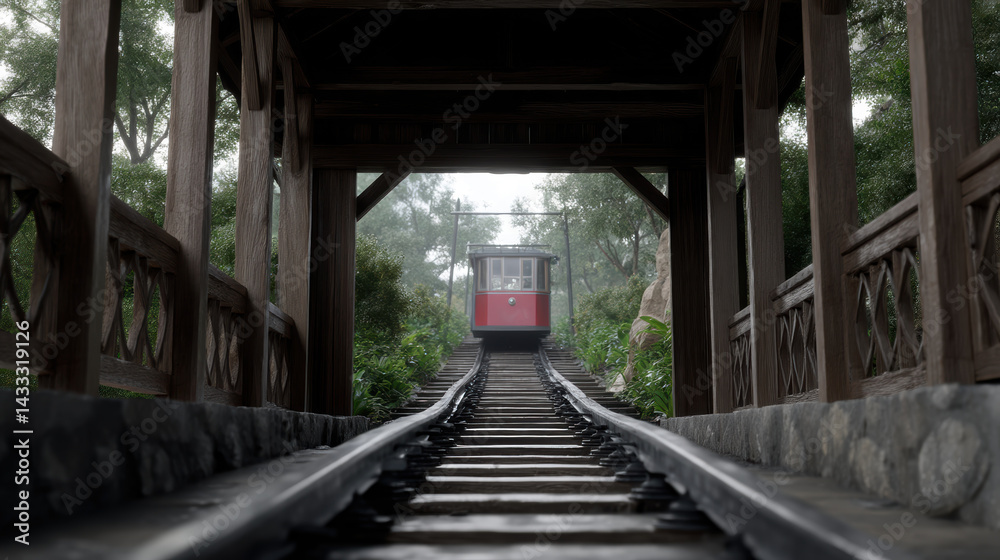 Rustic funicular station with wooden beams and red tram, surrounded by lush greenery and natural scenery, evokes sense of adventure and nostalgia