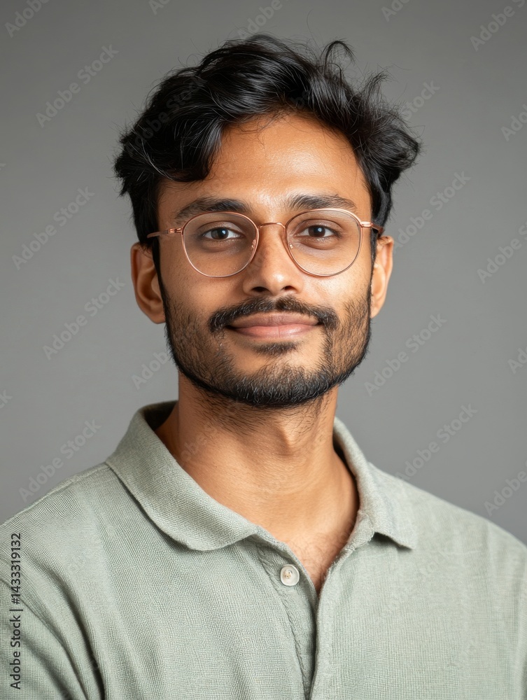Portrait of young man with beard and eyeglasses wearing light green polo shirt. Studio headshot photography. Professional profile photo concept for design and print