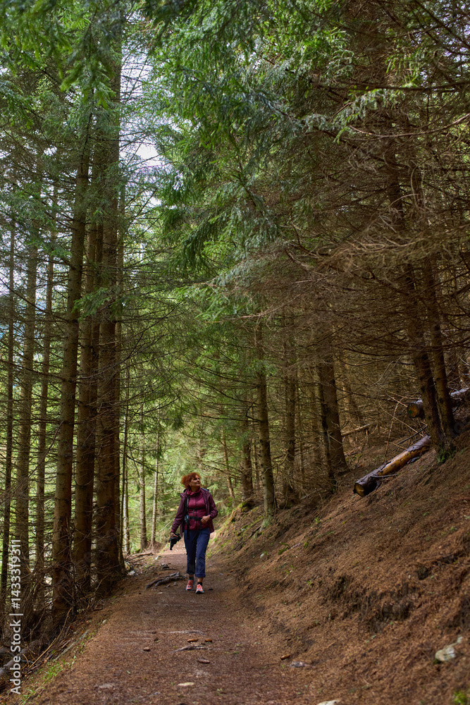 Woman hiking on forest trail