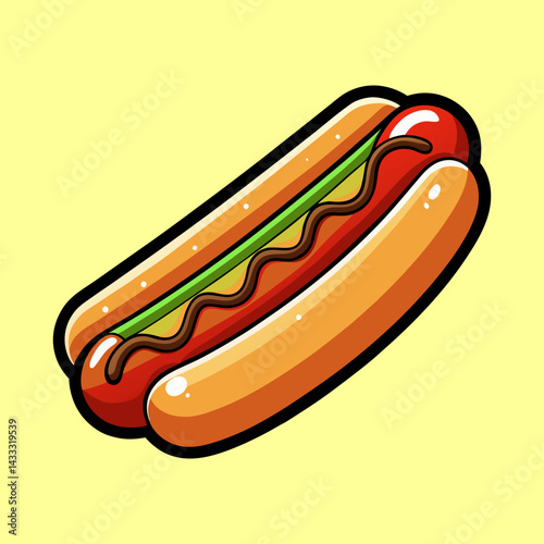 Cartoon hot dog illustration with mustard, relish and bun, on yellow background