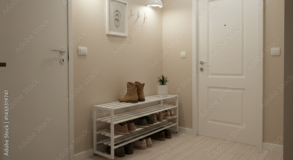 custom made wallpaper toronto digitalInterior shows shoe rack with boots and shoes near white doors in hallway space