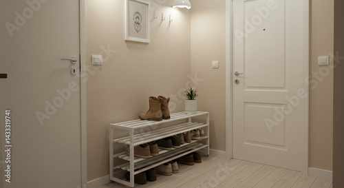 Wallpaper Mural Interior shows shoe rack with boots and shoes near white doors in hallway space Torontodigital.ca