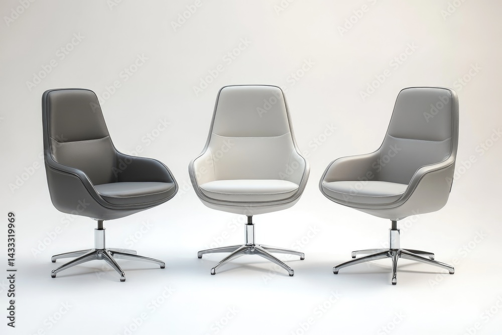 Three modern office chairs in gray, white, and light gray, showcasing sleek design and comfort. Three modern office chairs in gray, white, and light gray, showcasing sleek design and comfort.
