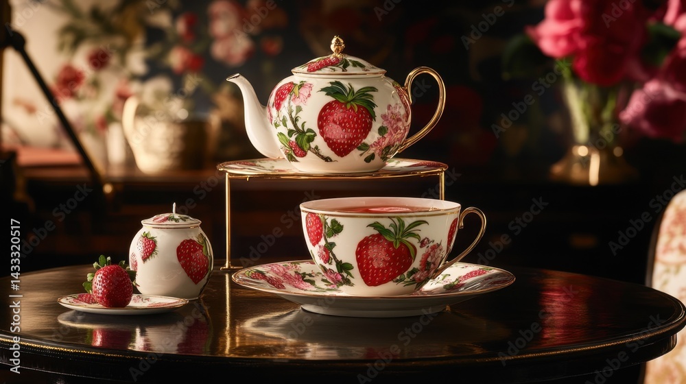Fototapeta premium An elegant tea setting featuring a strawberry-filled cup with classic European design
