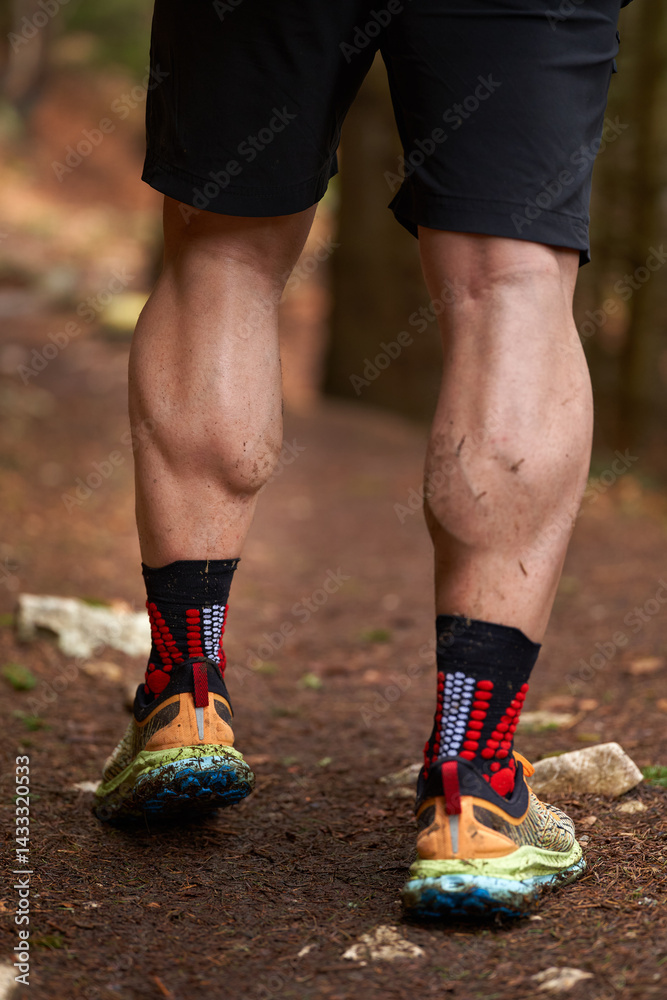 Close-up of male hiker's legs on muddy forest trail