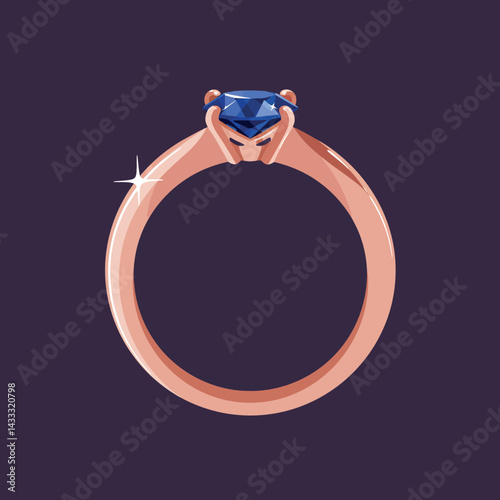 Sapphire engagement ring with rose gold band vector illustration on dark background 