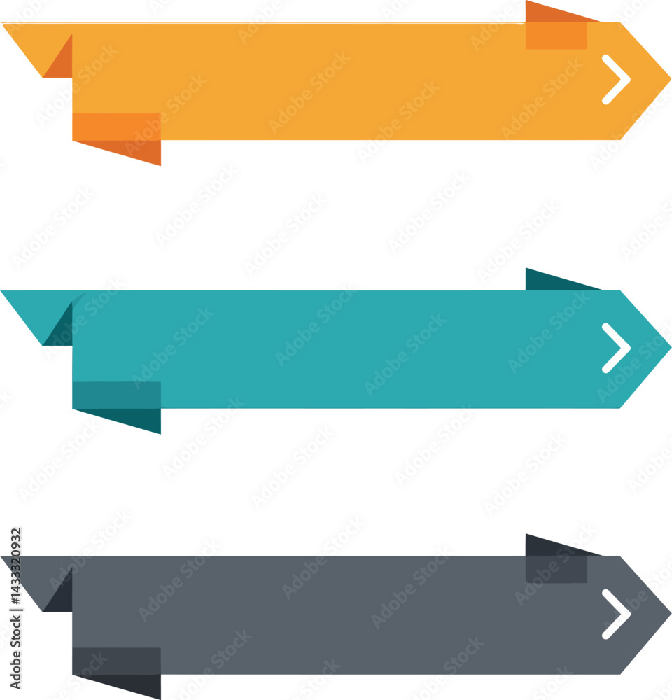 Colored arrow banners in orange teal and gray for graphic design and web navigation elements 