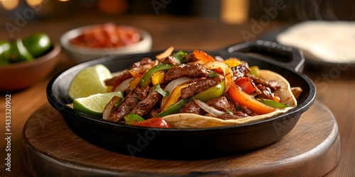 Beef fajita skillet with grilled vegetables and lime
 photo