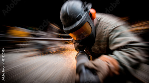technician wearing helmet and protective gear is actively working with tool, creating sparks in dynamic environment. motion captures intensity and focus of task