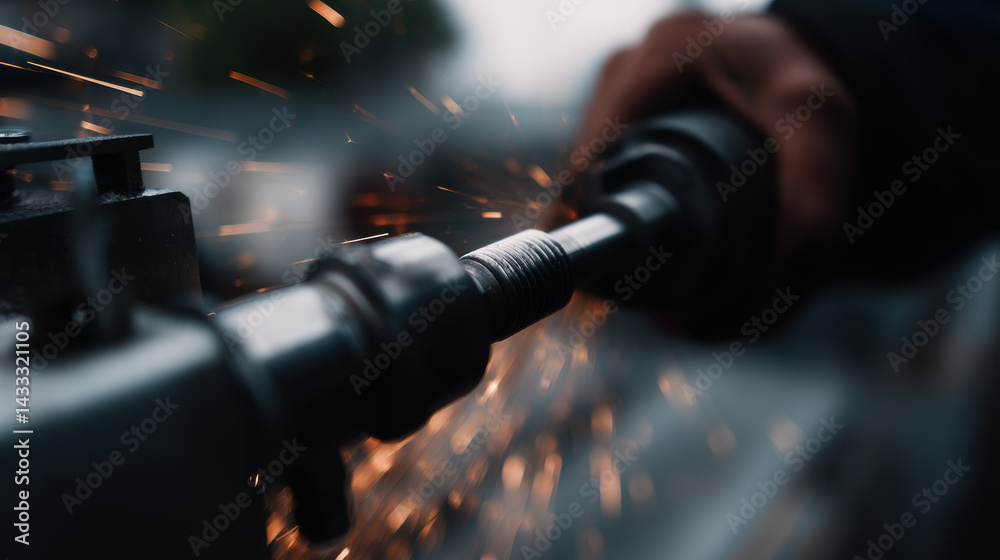 technician is tightening bolts on large structure, creating sparks in process. scene captures intensity and focus of work, highlighting importance of precision and safety in industrial settings