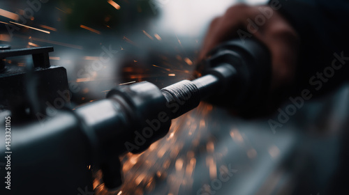Obraz na płótnie technician is tightening bolts on large structure, creating sparks in process. scene captures intensity and focus of work, highlighting importance of precision and safety in industrial settings w salonie