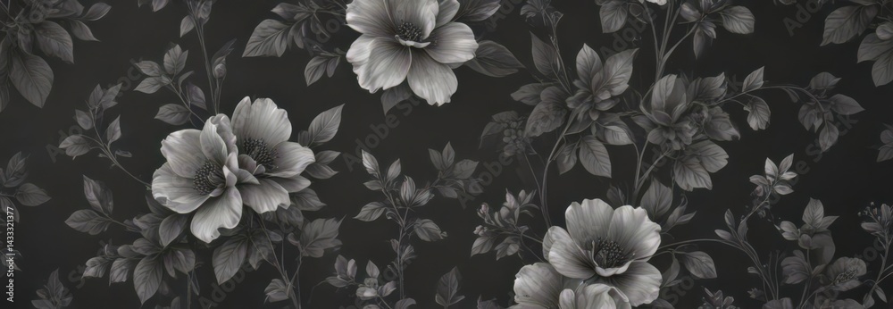 Fototapeta premium Subtle charcoal floral wallpaper Delicate botanicals on seamless background , dark, graphic, dark grey