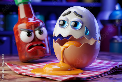 Sad Cracked Egg with Googly Eyes and Hot Sauce Bottle in Playful Cartoon Scene