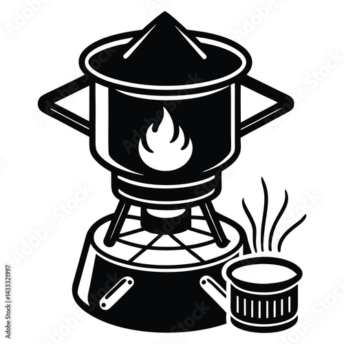 Camping Food & Cooking Gear vector silhouette illustration Minimal isometric vector of two-burner camp stove and pot in use