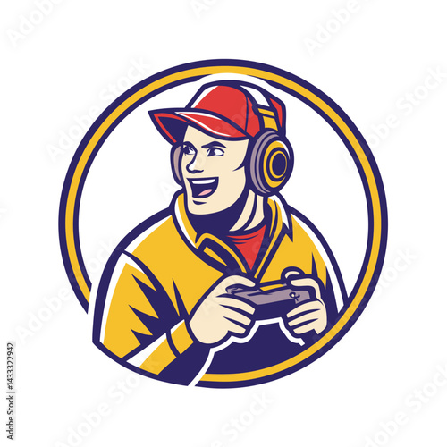 Happy gamer in circle graphic