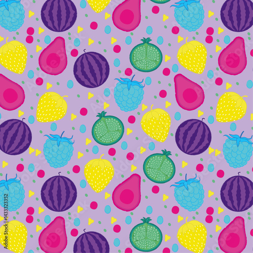 pattern with Fruit in bright colors on a purple background