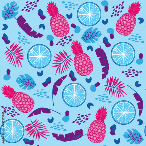 pattern Lemon, Pineapple, and leaves, on light Blue background