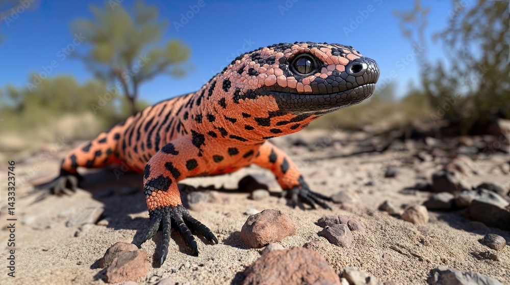 Obraz premium A slow-moving Gila monster hunting in the Sonoran Desert, its powerful, muscular legs propelling it along the rocky desert floor, with the harsh sunlight casting long shadows. 