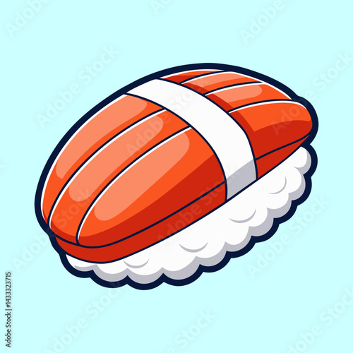 Cartoon illustration of a piece of salmon nigiri sushi on light background