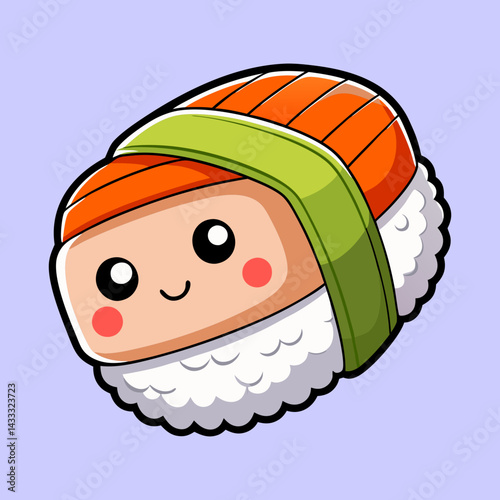 Adorable Cartoon Sushi Nigiri with Smiling Face and Seaweed Belt Character