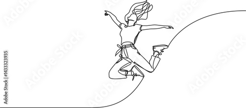 continuous single line drawing of young cheerful woman jumping in joy, line art vector illustration