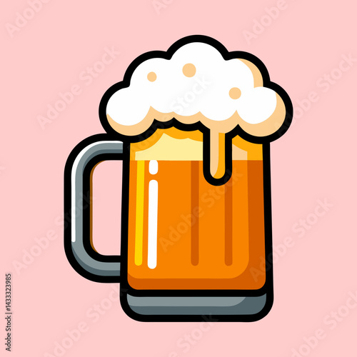 Stylized cartoon beer mug overflowing with delicious golden liquid and foamy head