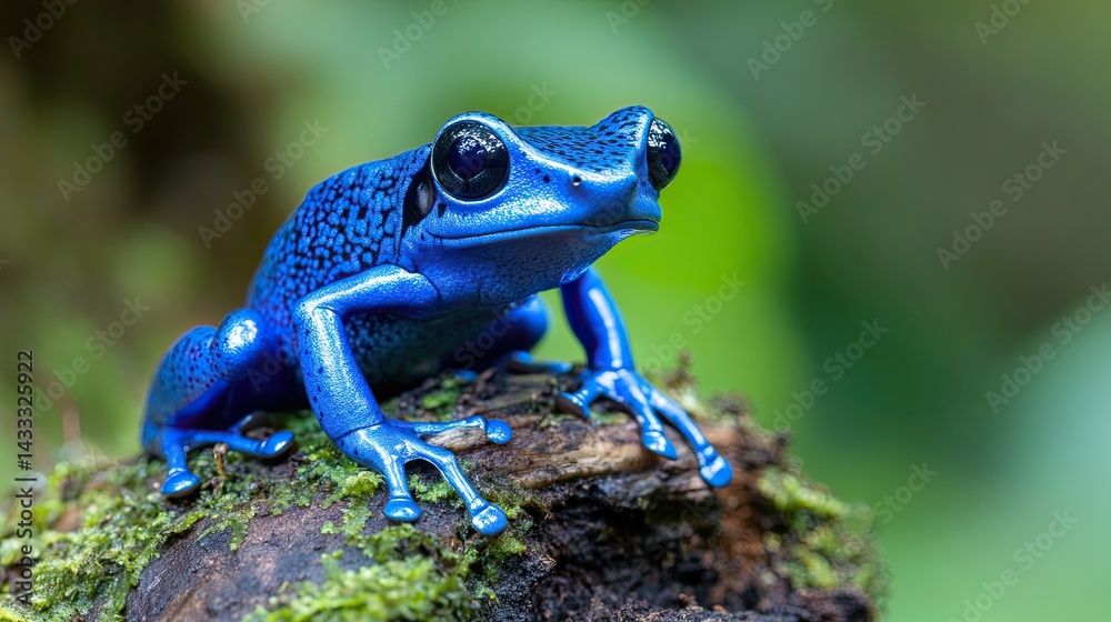 Fototapeta premium Close-up of a blue poison dart frog (Dendrobatoides tinctorius), highlighting its bright blue skin and tiny features, in a tropical rainforest. 