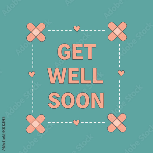 Get Well Soon Card Design with Bandage and Heart Elements in Pink and Teal Colors 