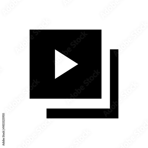 Black square enclosing a white play button with a stylized black frame around the square shape design