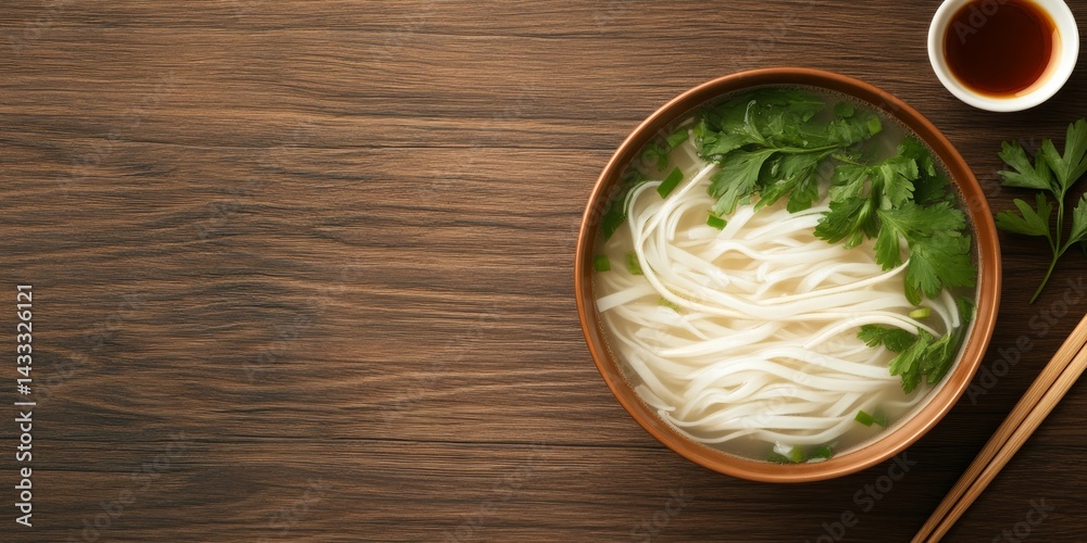 Naklejka premium Bowl of Vietnamese rice noodle soup garnished with cilantro and green onions, served with chopsticks on a rustic wood table. 