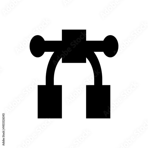 Abstract black structure featuring two circles connected by curved lines above rectangular base elements