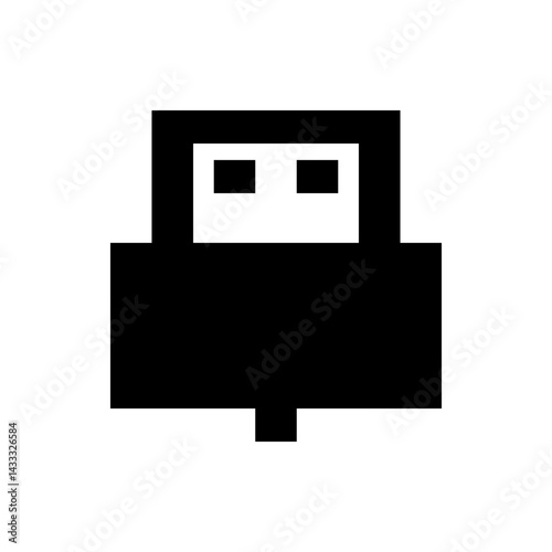 Illustration of a simple black and white usb connector icon with a rectangular shape and square details