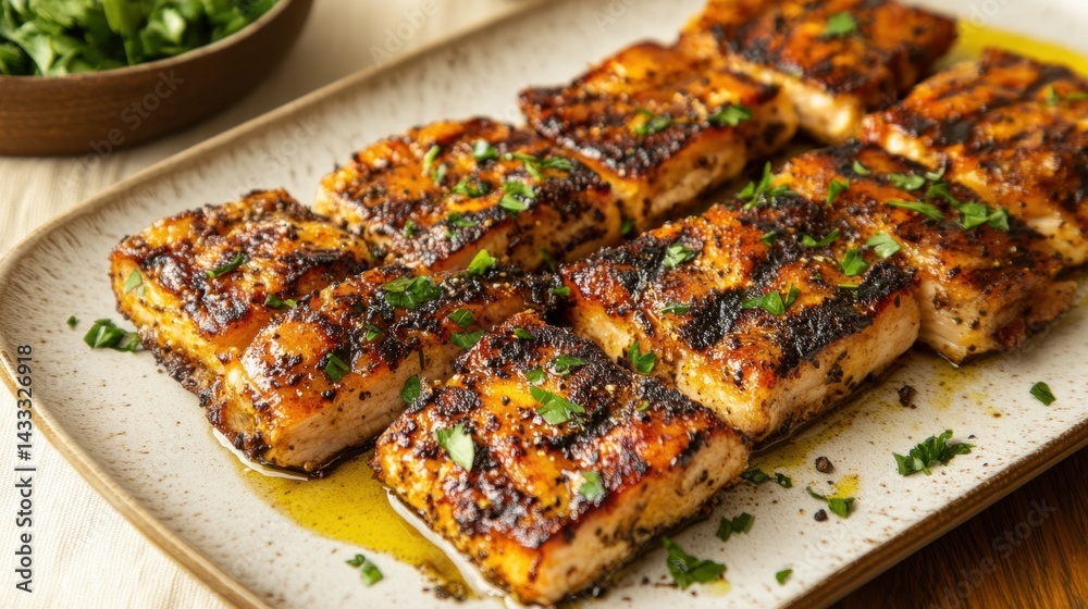 Modern presentation of crispy pork belly on a large plate with scattered herbs and oil Modern presentation of crispy pork belly on a large plate with scattered herbs and oil