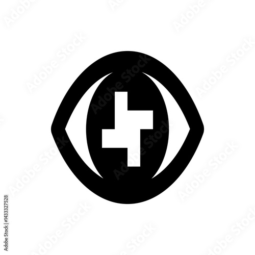 Black and white eye icon with a plus sign in the center representing medical or health related services