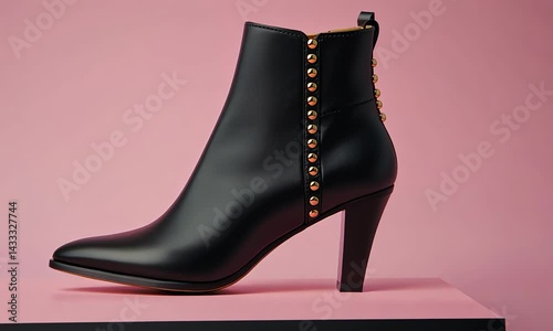 Black leather ankle boots with gold studs. photo