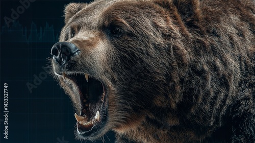 Close-up of a bear growling fiercely on a graph backdrop. A brown bear exhibits strength and aggression. Generative Ai