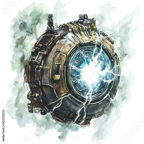 illustration of Metallic Relic Emitting Strange Energy, watercolor vector, isolated on a white background.