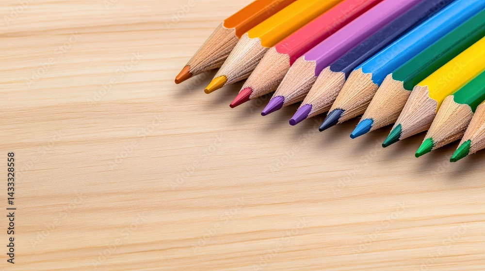 Close-up of a set of colored sketching pencils, laying neatly on a light wooden desk, with ample space on the right for promotional text. Close-up of a set of colored sketching pencils, laying neatly on a light wooden desk, with ample space on the right for promotional text.