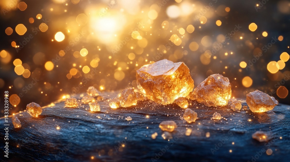 Sparkling crystals on dark surface, illuminated by warm light