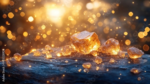 Obraz na płótnie Sparkling crystals on dark surface, illuminated by warm light w salonie