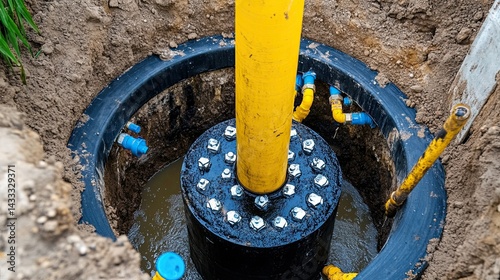 Wallpaper Mural Close-up of an underground septic tank installation for a large commercial property, highlighting the tank, pipes, and connections.  Torontodigital.ca