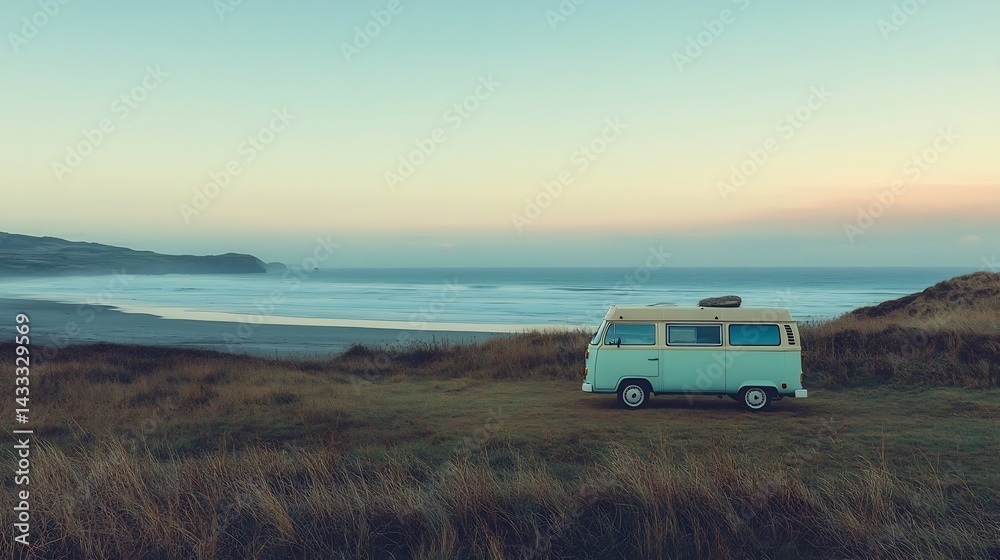 Coastal Camper Van: Serene Beachscape at Sunset Coastal Camper Van: Serene Beachscape at Sunset