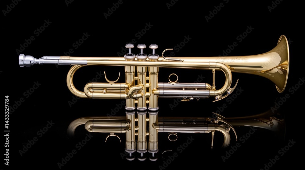 Fototapeta premium Trumpet valves and mouthpiece highlighted against a smooth reflective background