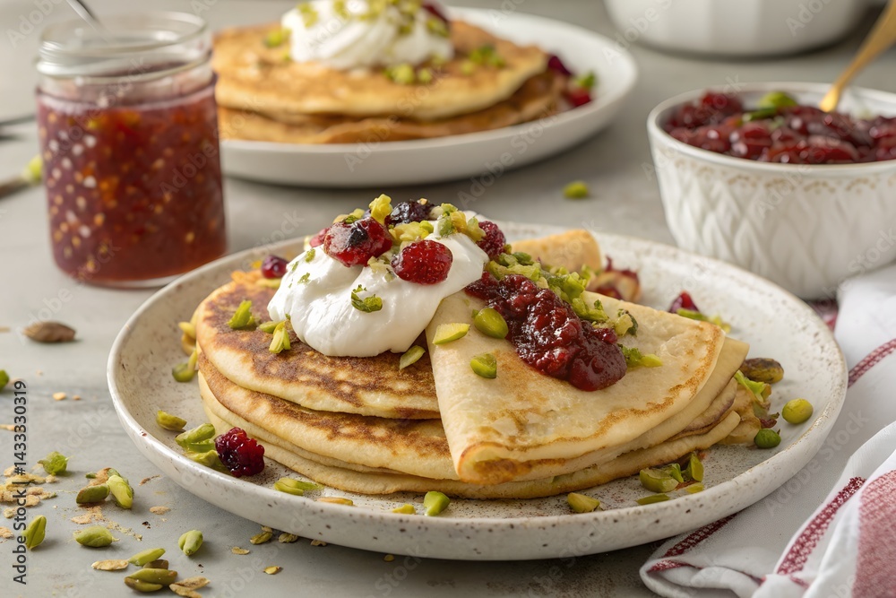 Breakfast crepes with sour cream, jam, and pistachio
Breakfast crepes with sour cream, jam, and pistachio
