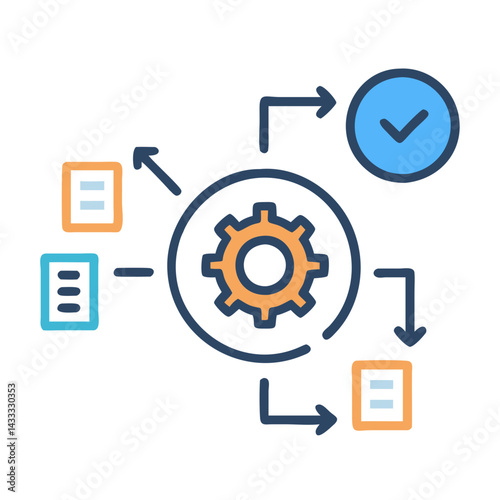 Workflow Automation Icon: Process, Settings, Data, Checkmark, Results