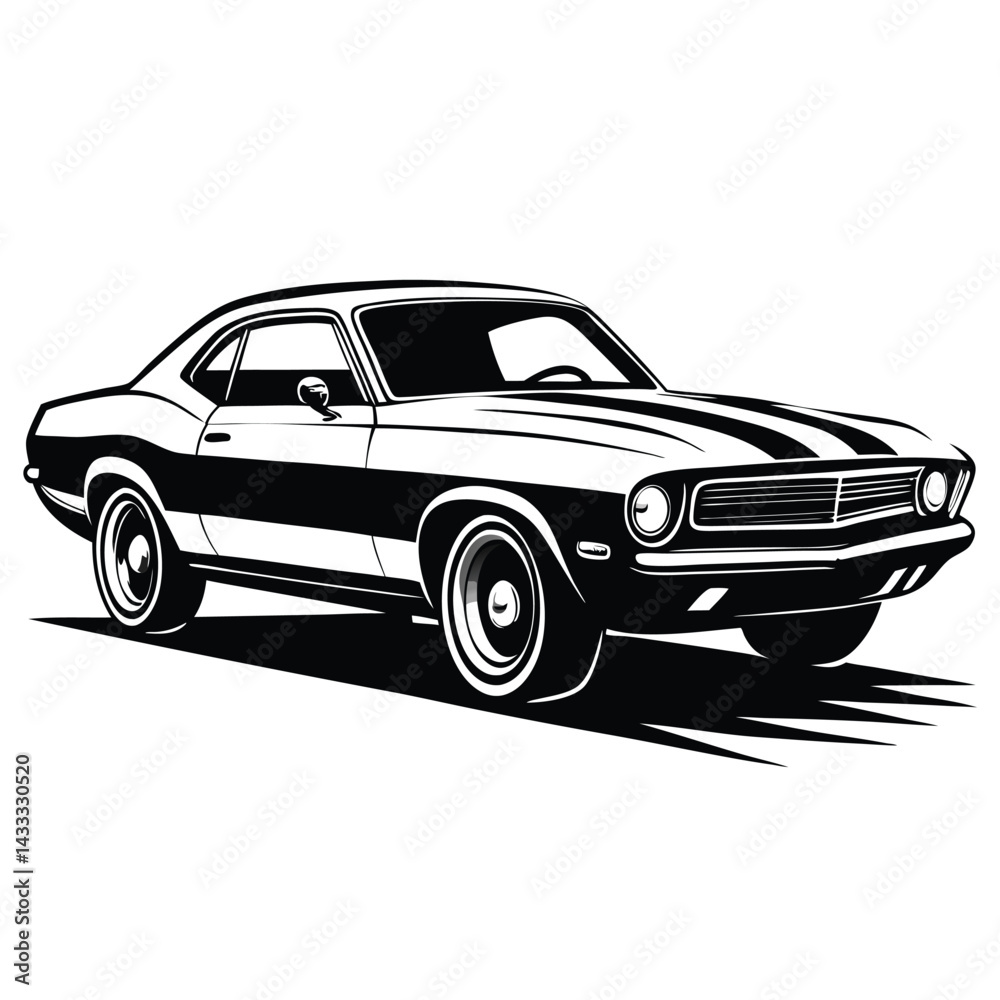Naklejka premium Classic Black and White American Muscle Car Vintage Automotive Art