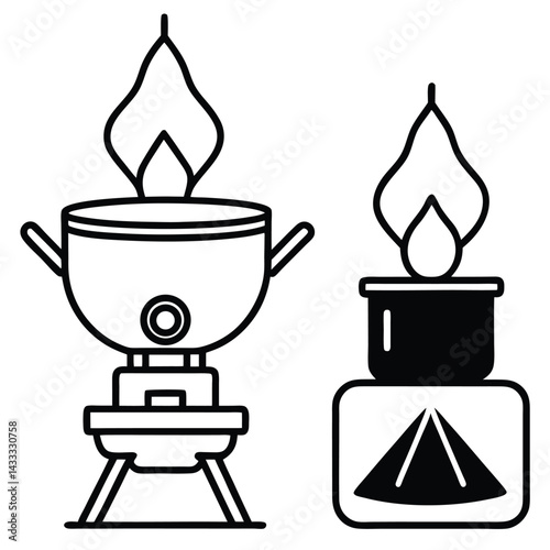 Camping Food & Cooking Gear vector silhouette Line art illustration Camp stove and pot icon duo with stylized heat waves above