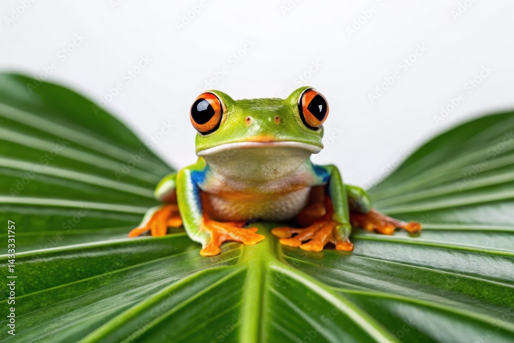 Obraz premium Colorful frog perched on a large green leaf.