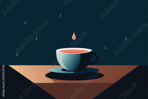 A white cup of hot espresso coffee sits on a brown saucer against a red and black background, suggesting a dark cafe drink with a rich aroma